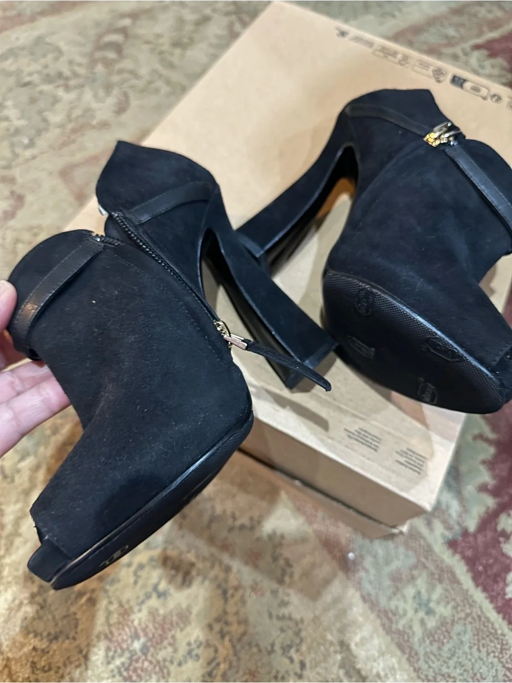 Giorgio Armani Black Suede Peep-Toe Ankle Booties with Gold Buckle Size 35